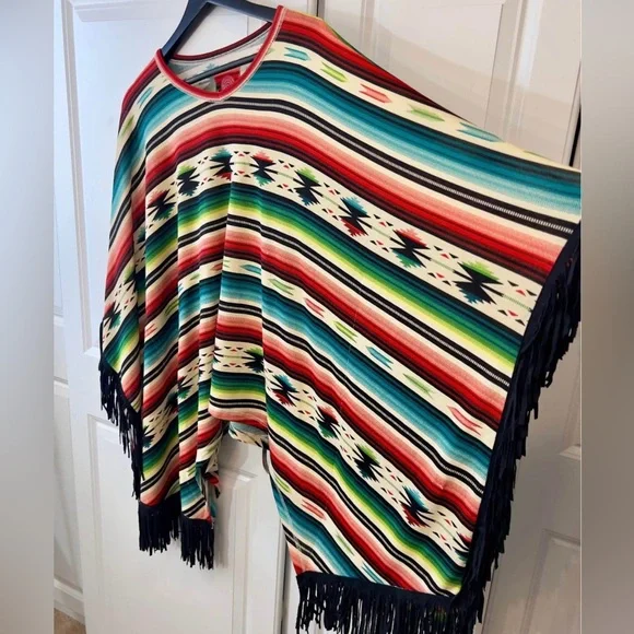 Double D Ranch Colorful Serape Poncho with Fringe - Picture 2 of 6